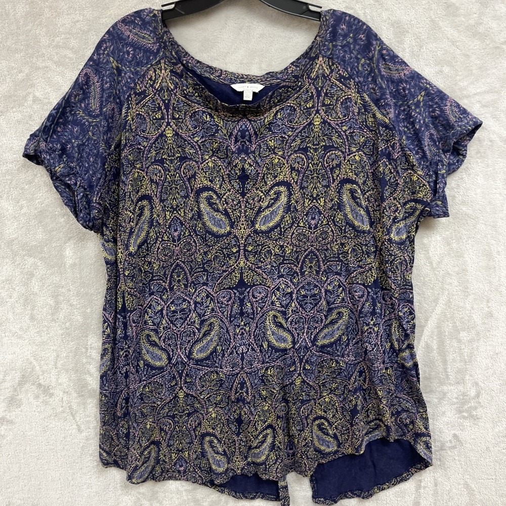 Lucky Brand Top Women's 2X Blue Purple Medallion Boho Cotton Modal Short Sleeve